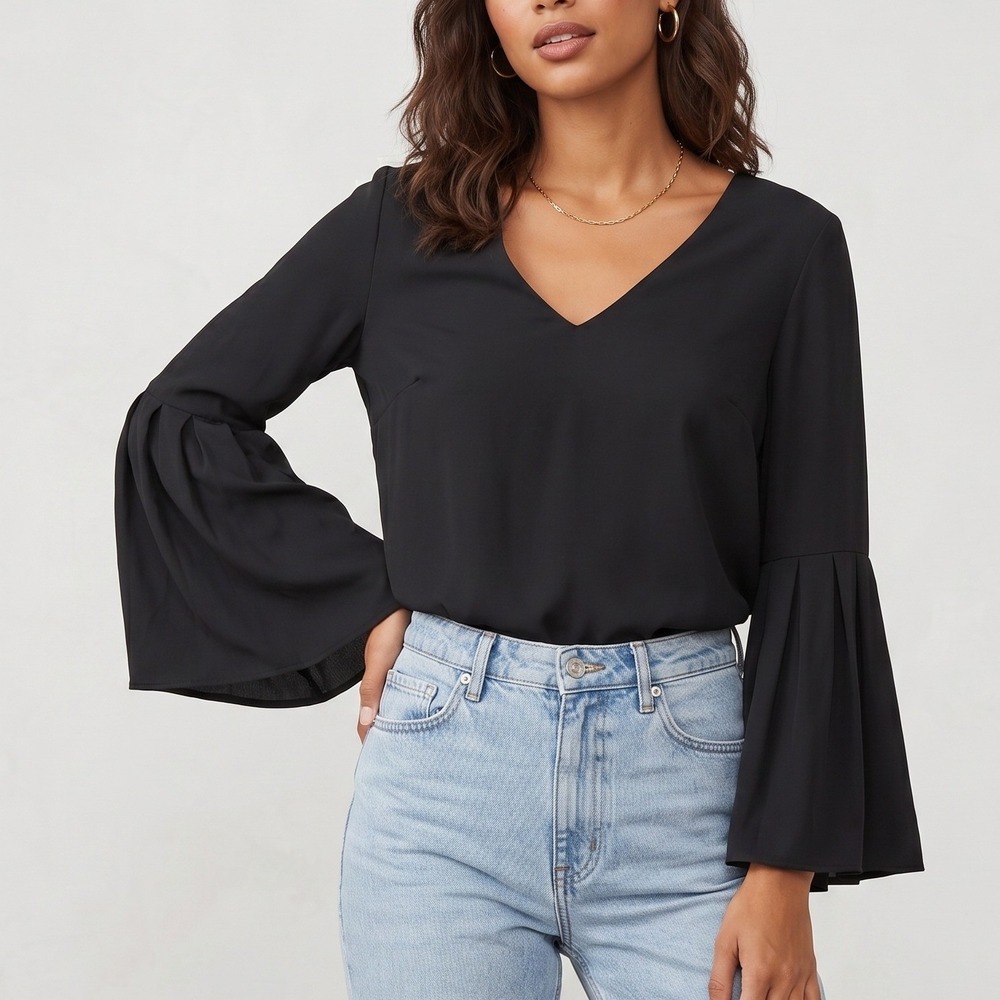 H&M Blouse Black V-Neck Pleated Bell Sleeve Size 6 Office, Chic, Minimalist